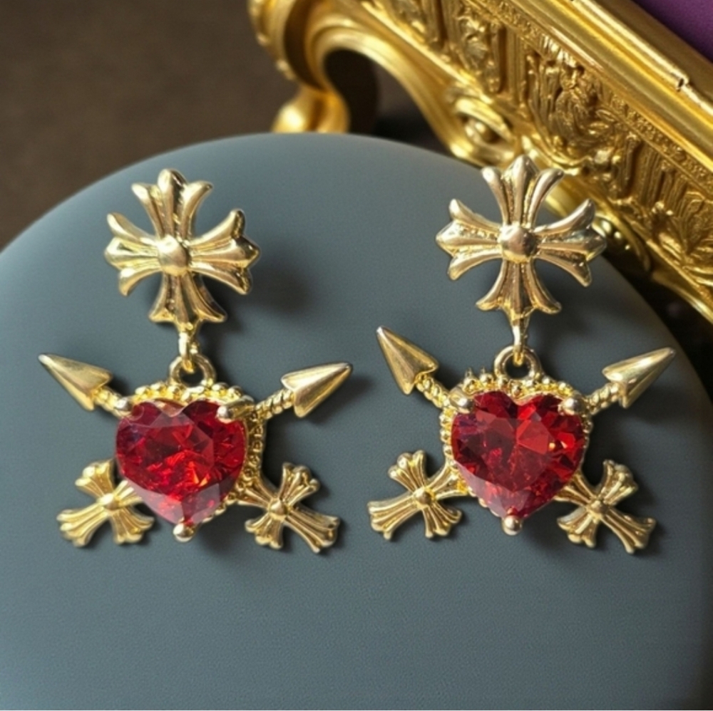Gold Plated Royal Regal Ruby Heart Maltese Cross Spear Dangle Earrings